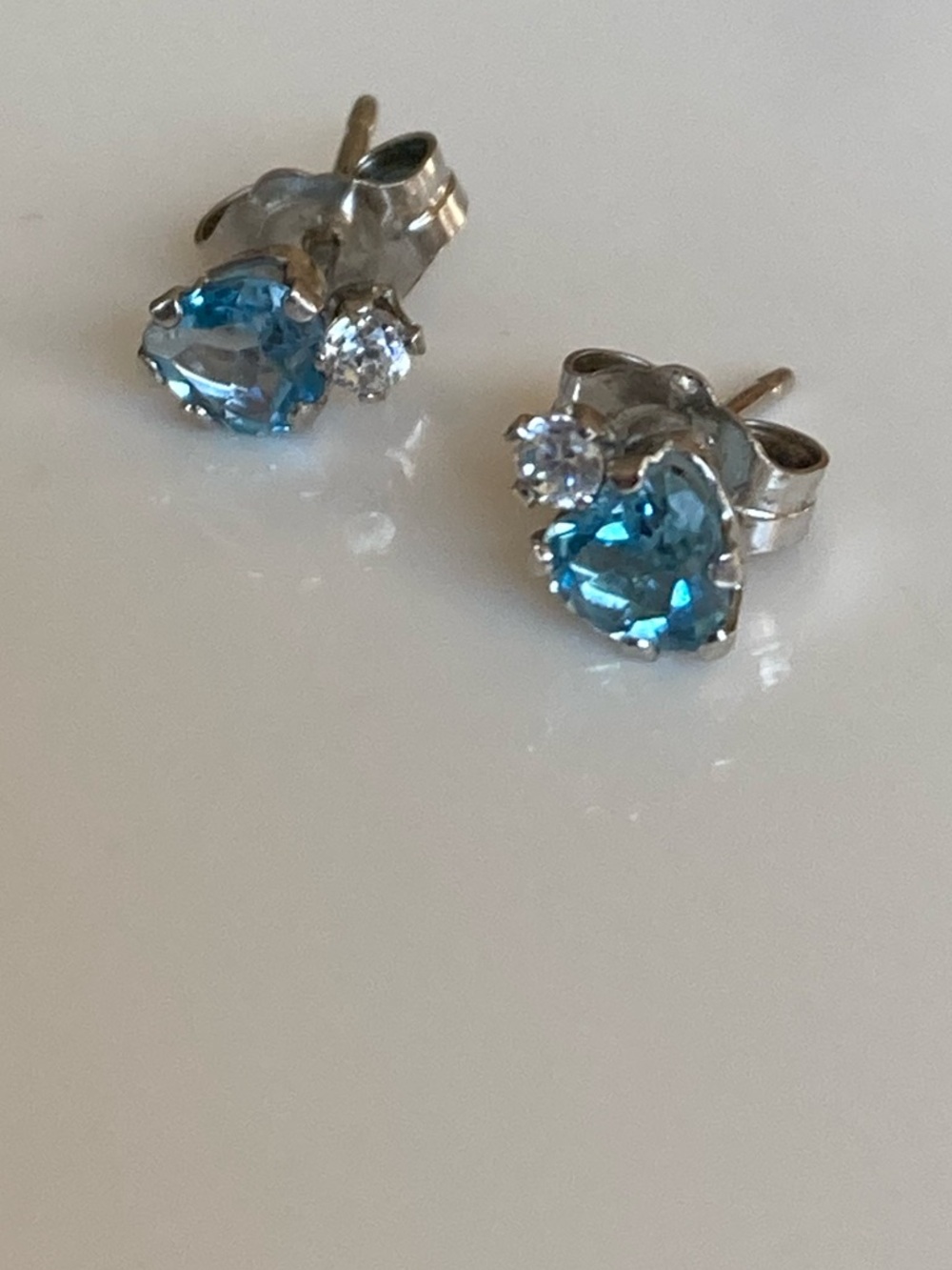Blue topaz and CZ 925 sterling silver dainty heart shaped pierced stud earrings